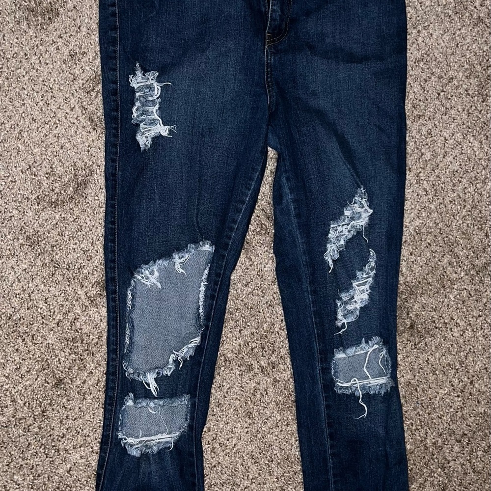 Fashion Nova Dark Blue Distressed Skinny Jeans